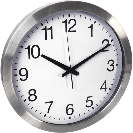 Horloge murale Perel 40 cm, analogique, avec synchronisation automatique de l'heure par DCF, grand cadran très lisible, cadre en aluminium argenté, salon, cuisine, bureau, salle d'attente