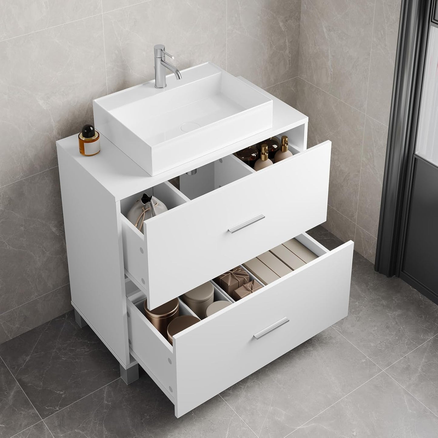Meuble sous-lavabo eSituro à 2 tiroirs - Meuble de salle de bains avec emplacement pour siphon - Blanc - 60 x 30 x 60 cm