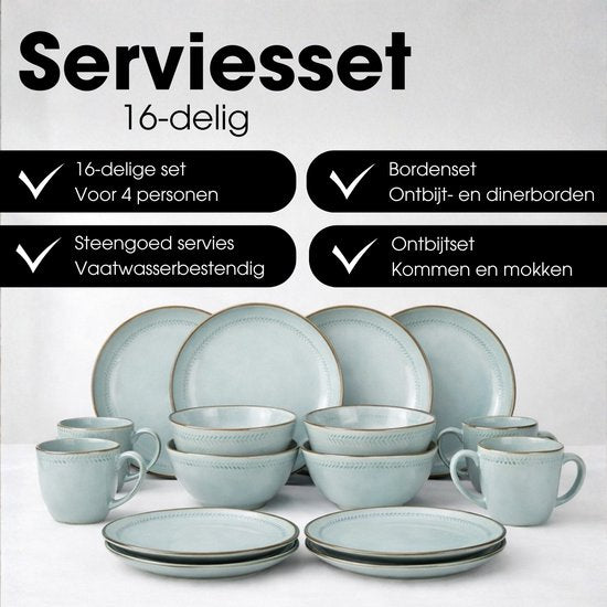 Service de table Mica Decorations Racco, 16 pièces - 4 couverts - Assiettes à petit-déjeuner, bols, tasses et assiettes à dîner - Service en grès - Service de table lavable au lave-vaisselle - Gris clair