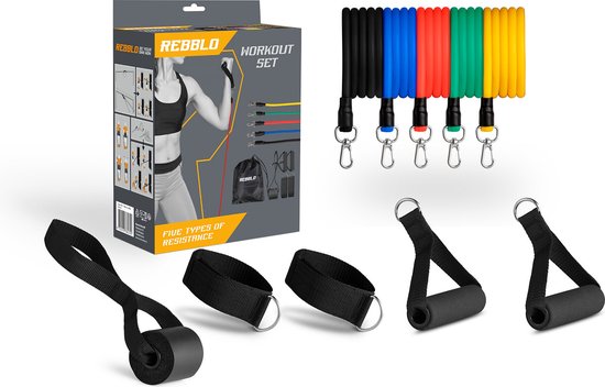 Rebblo - Kit d'entraînement à domicile – 10 pièces – Bandes de résistance – Bandes pour les chevilles – Poignées – Ancrage de porte – Kit de fitness avec sac de rangement inclus - 2/3/4/5/6 kg