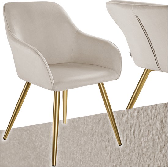 tectake® Marilyn Dining Chair - Avec accoudoirs - Chaise élégante avec assise en velours rembourrée - Tapissée - Pieds en métal doré - Chaise de cuisine ergonomique - Chaise pour salon, salle à manger et chambre à coucher - Taupe