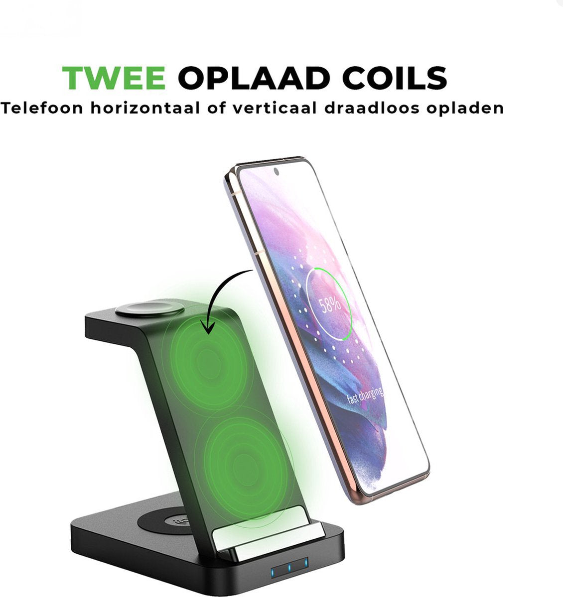 iSetchi Wireless 3-in-1 Charging Station - Indicateur LED - Chargement rapide 15W - Noir
