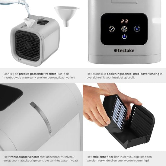 tectake® Air Cooler Frosty avec éclairage LED - 2 modes de refroidissement - 8W - Refroidisseur d'air 3-en-1 avec réservoir d'eau - Sans tuyau de vidange - Câble USB et entonnoir inclus - Mini climatiseur - Gris