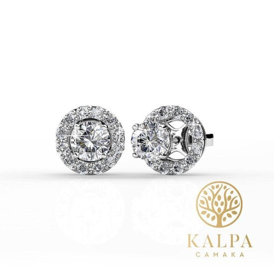 Yolora Boucles d'oreilles pour dames avec cristaux ronds Kalpa Camaka - couleur argent - plaqué or blanc 18K - Clous d'oreilles - Cadeau de fête des mères