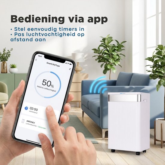 Déshumidificateur Aironex 20 L par jour – Fonction de séchage du linge – Jusqu'à 70 m² – Silencieux – Avec application et ioniseur – Pour cave, salon, chambre et salle de bains – Déshumidificateur
