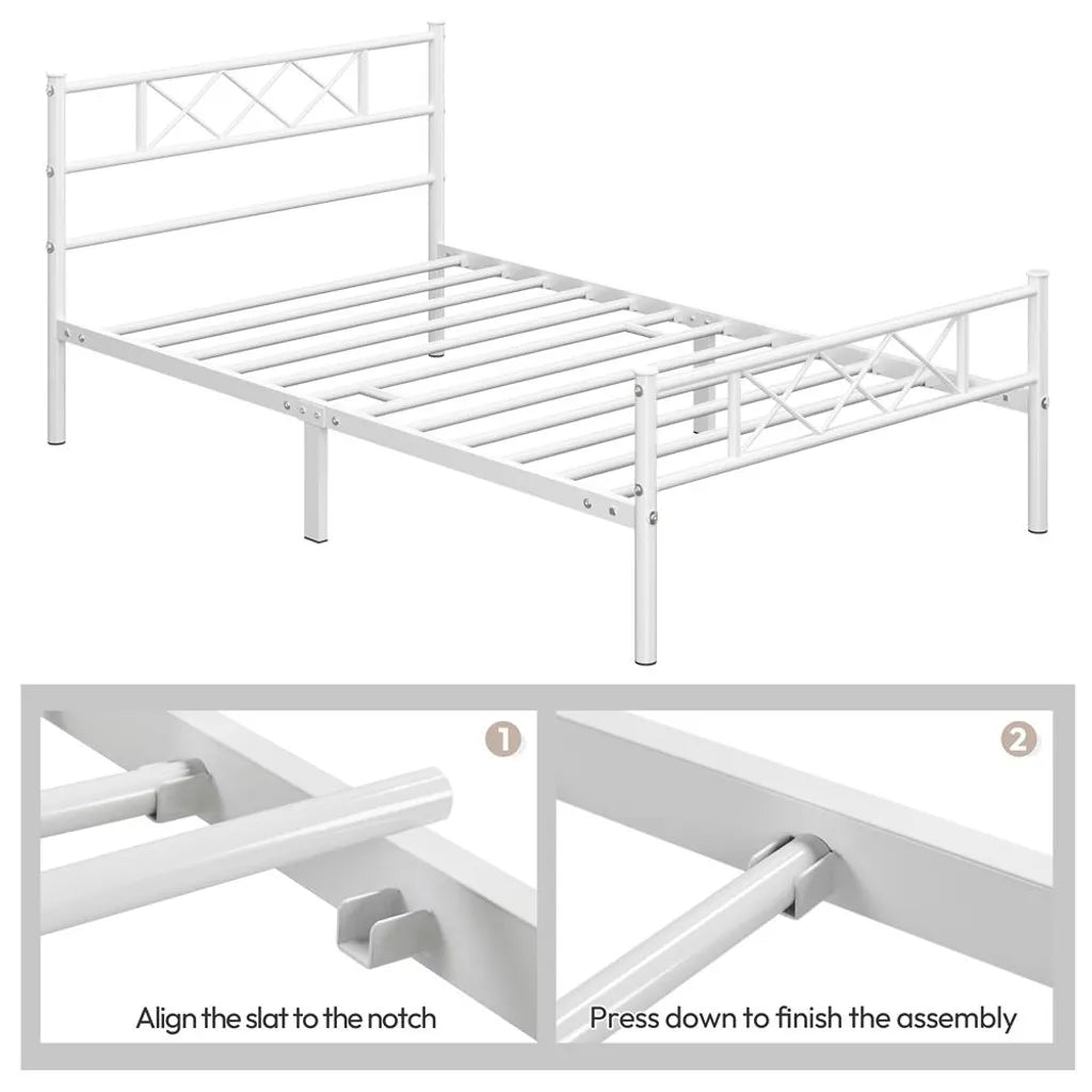 Yaheetech Cadre de lit 90 × 200 cm - Métal blanc - Lit simple avec tête de lit X-Design, sommier à lattes et espace de rangement de 32 cm