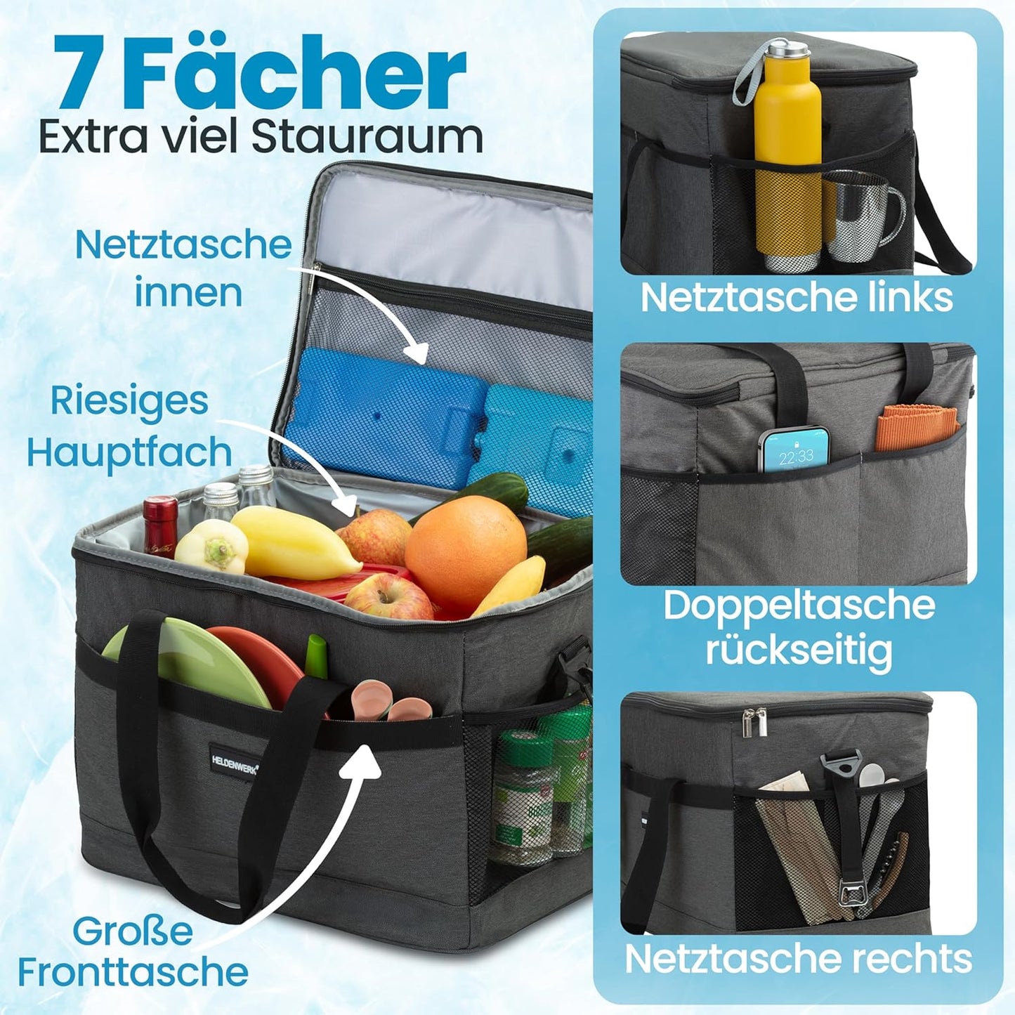 Sac de refroidissement Heroic - 30L - 12 heures - 7 compartiments - Gris