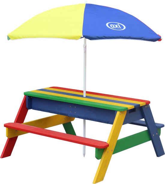 Table de pique-nique AXI Nick Zand & Water aux couleurs de l'arc-en-ciel - Parasol réglable - Bois certifié FSC - Table de pique-nique en bois pour enfants
