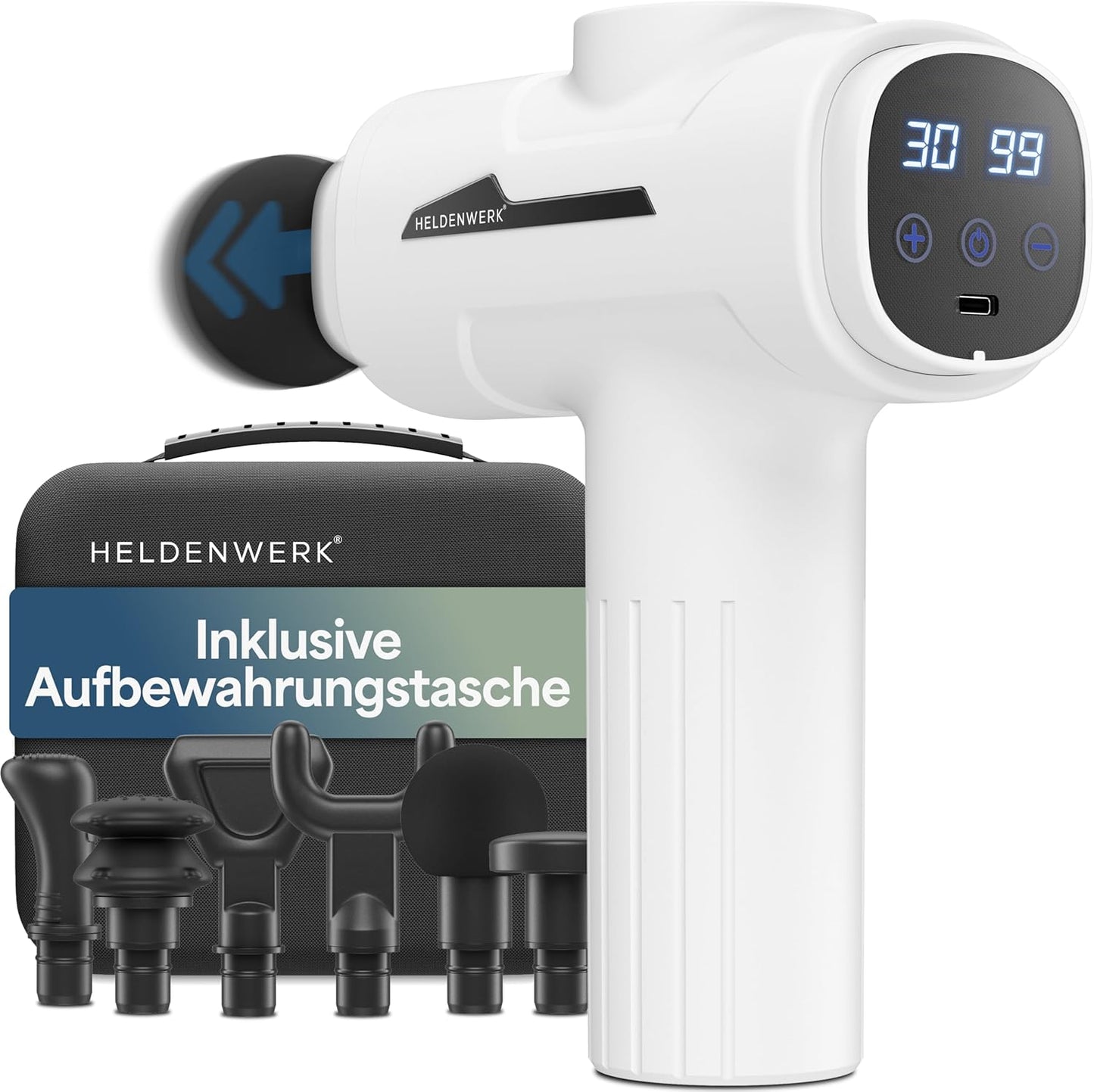 HELDENWERK Pistolet de massage actif - 30 vitesses - 6 têtes de massage - silencieux - rechargeable par USB-C - écran tactile LCD - étui de rangement inclus - blanc