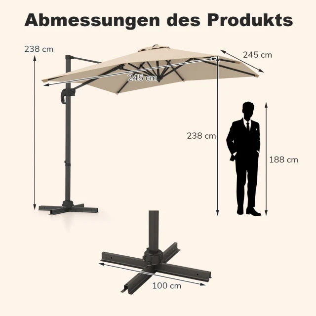 Coast Parasol flottant - 250 x 250 cm - Inclinable - Rotation 360° - Aluminium - Beige