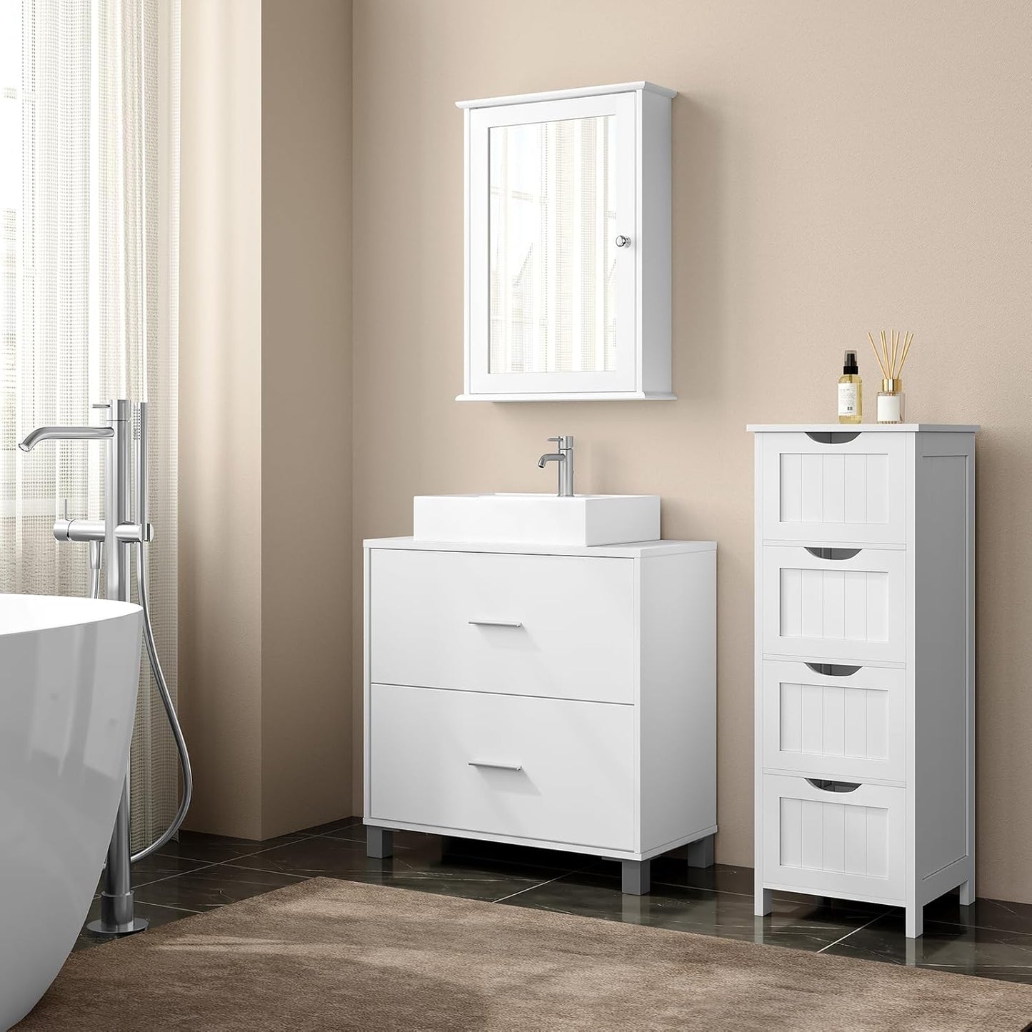 Meuble sous-lavabo eSituro à 2 tiroirs - Meuble de salle de bains avec emplacement pour siphon - Blanc - 60 x 30 x 60 cm