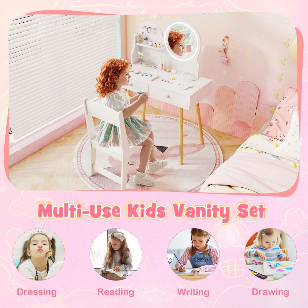 Ensemble de coiffeuse pour enfants Coast - miroir éclairé - espace de rangement avec tiroirs et crochets - blanc