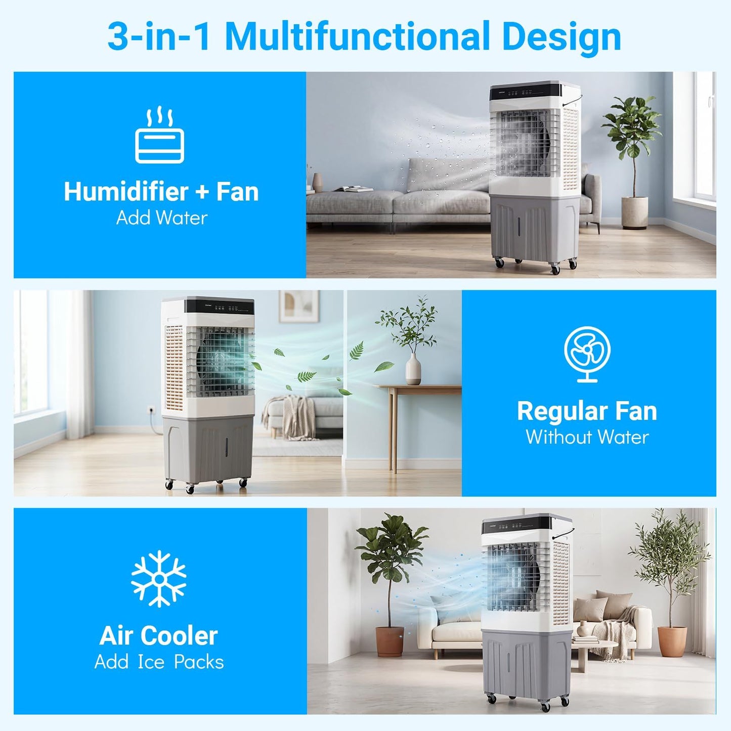 Ventilateur portable et refroidisseur d'air Coast avec télécommande - Réservoir d'eau de 27 L - 3 vitesses - 49 x 31 x 109 cm - Blanc/Gris