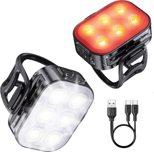 Inlustro LED Bicycle Light Set - Feux avant et arrière - Rechargeable par USB - Étanche - 7,5 x 3,2 cm - Noir