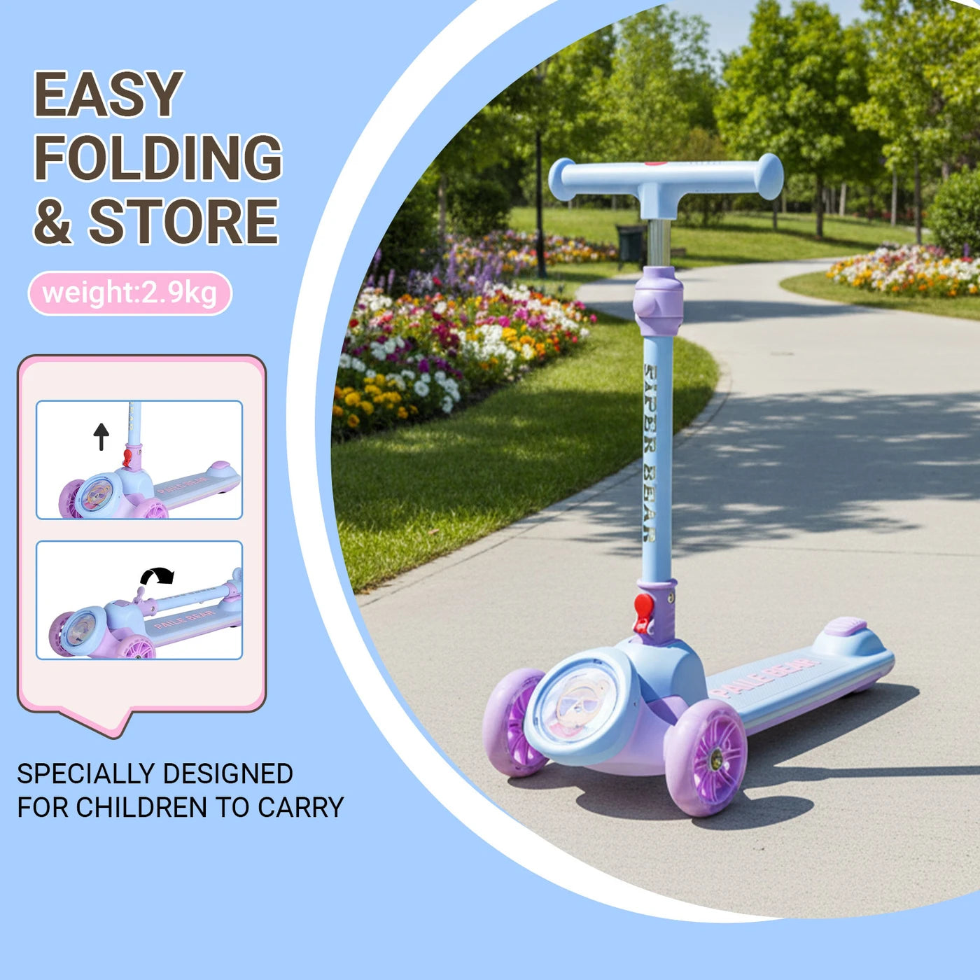 Trottinette pour enfants Neuleb KS001 - 3 roues avec éclairage LED - Guidon réglable - Repose-pieds large et antidérapant - Pour les enfants de 3 à 10 ans