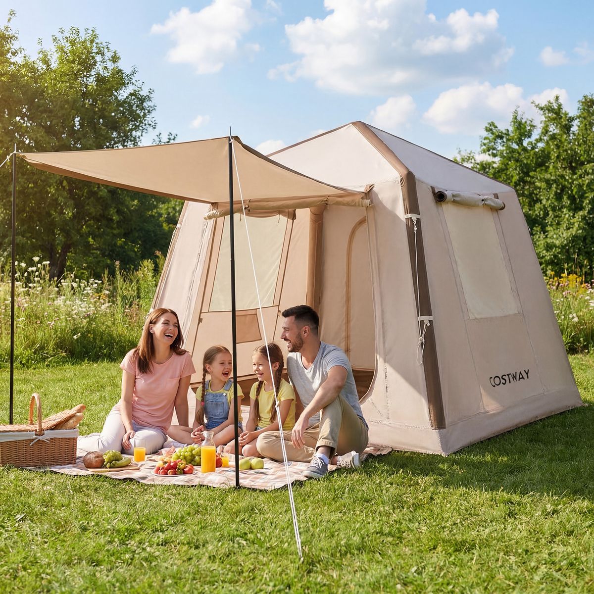 Tente de camping gonflable Coast - 2 à 4 personnes - Pompe et sac de transport inclus - Kaki - 210 x 210 x 180 cm