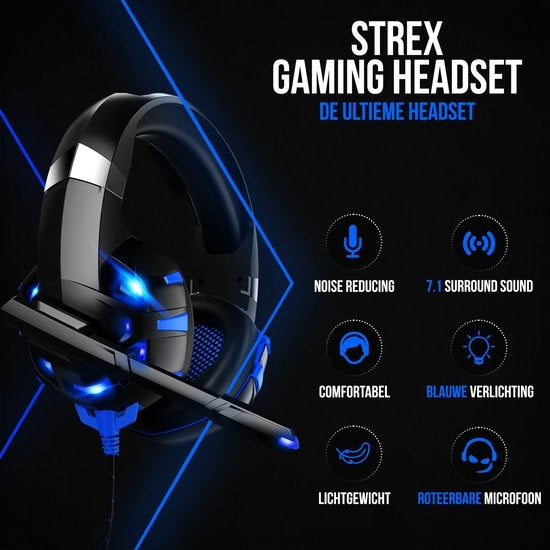 Casque de jeu Strex avec microphone bleu - PC + PS4 + PS5 + Xbox One + Xbox Series