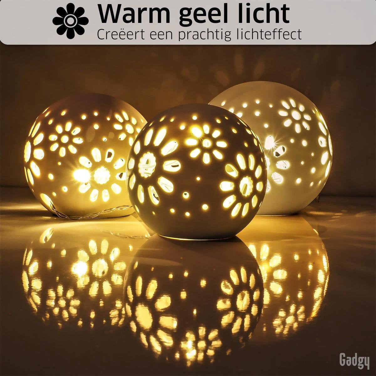 Gadgy Lampe boule en céramique avec guirlande lumineuse - 3 pcs : Ø 8/10/12 cm - Lampe de table à piles - Eclairage d'ambiance