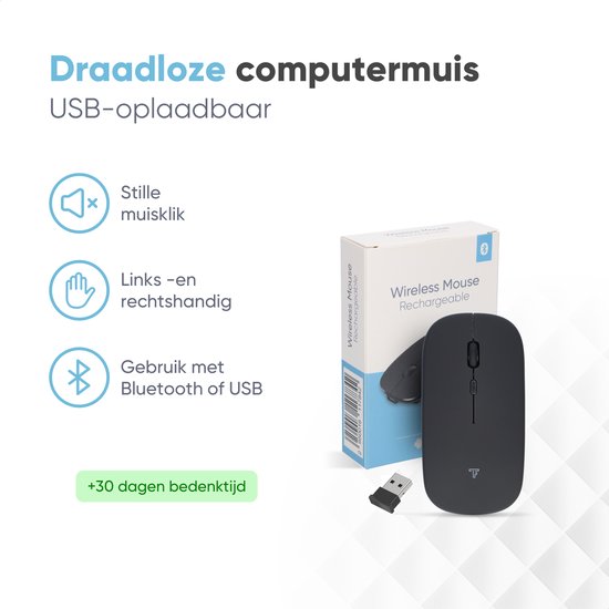 Souris sans fil Trendfield - Souris d'ordinateur rechargeable - Bluetooth - Souris ergonomique avec clic silencieux - Convient à tous les ordinateurs portables - Noir