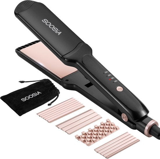 Soosia 5-in-1 Switch Styler - Lisseur, gaufrier, fer à vagues et fer à boucler - Plaques en céramique de 3,5 cm - Or rose