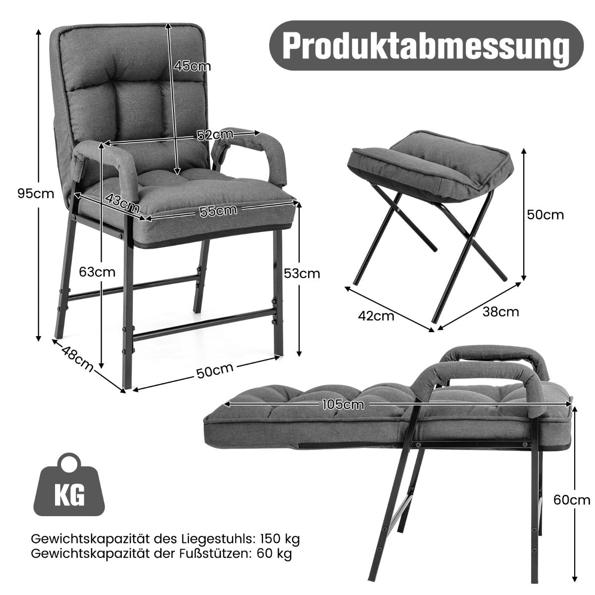 Coast AkzentStuHl + Ottoman en tissu de lin avec dossier réglable et structure en métal gris