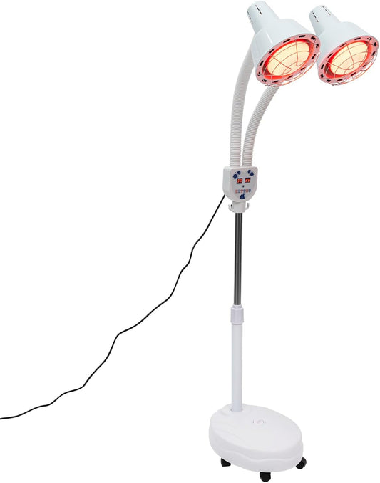 Lampe chauffante infrarouge double Xigner 275 W - Pied réglable de 128 à 158 cm - Double tête pivotante à 360° - Lampe chauffante rouge pour la relaxation musculaire et la circulation sanguine