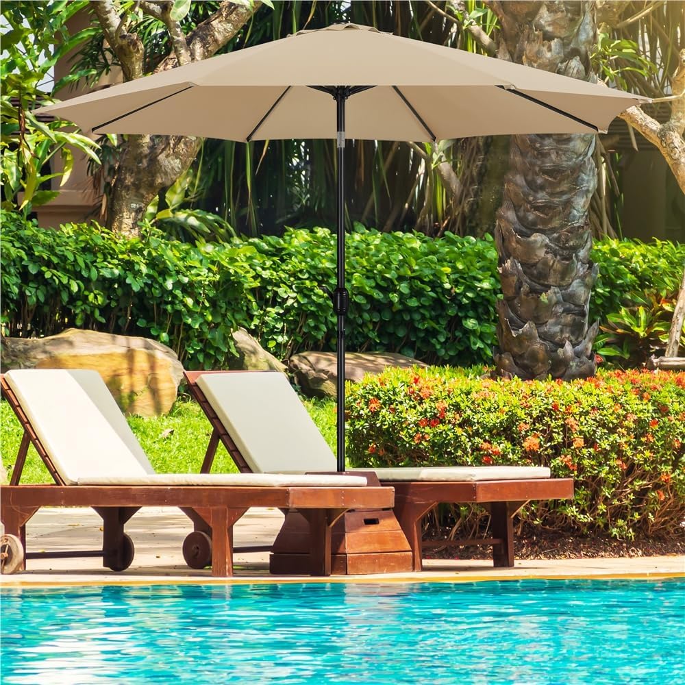 Parasol de jardin de 300 cm avec 8 baleines, manivelle et ouverture d'aération, couleur kaki