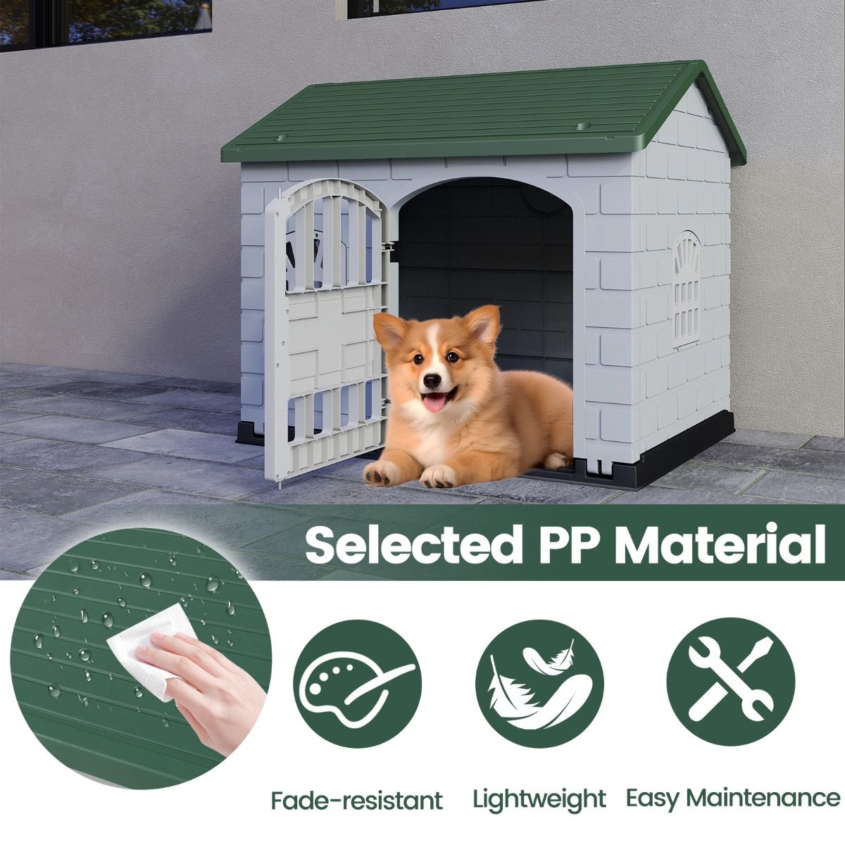 Niche pour chien Coast en plastique - résistante aux intempéries - porte verrouillable et 3 fenêtres - verte