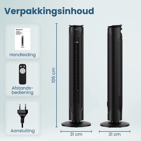 Auronic Tower Fan - Floor Fan - Air Cooler - Standing Fan - 105 CM - 5 Speeds - With Remote Control - Silent Fan - Fan - 45 dB - Black