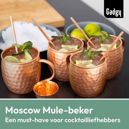 Gadgy Moscow Mule Cups 4-Piece Set - 100% Copper - Cocktail Set : 4 verres à cocktail, 4 pailles et 1 mesure de bar - Cadeau pour femme et homme