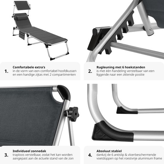 tectake® - chaise longue rembourrée, pliable - gris - 220 x 60,5 x 34 cm, avec poche latérale