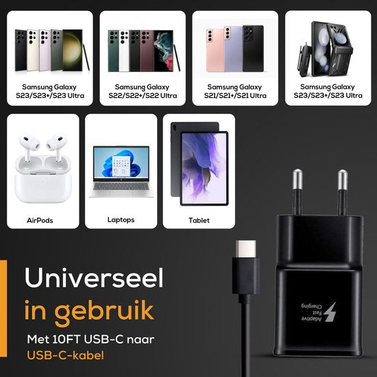 Golden Sound original 25W fast charger - USB C Fast charger - Samsung charger - 1.5 metre wire - Power adapter - Charger suitable for Samsung & Apple