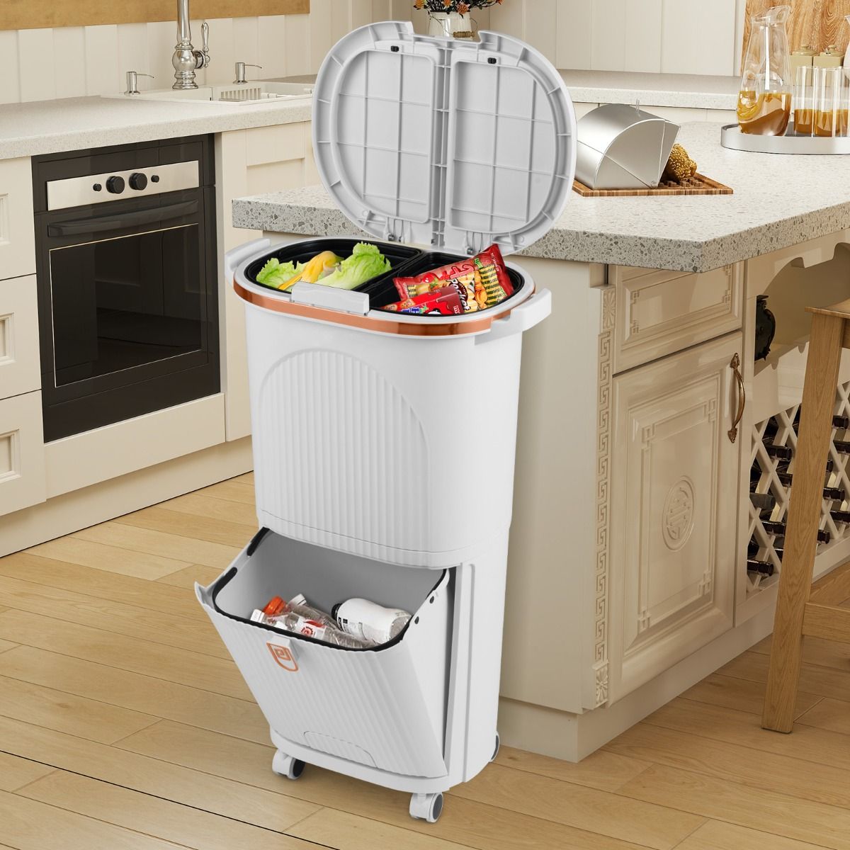 Poubelle Coast 38 litres avec couvercle - Système de tri sélectif à double compartiment - Pédale et roulettes - Blanc - 43 x 29 x 74,5 cm