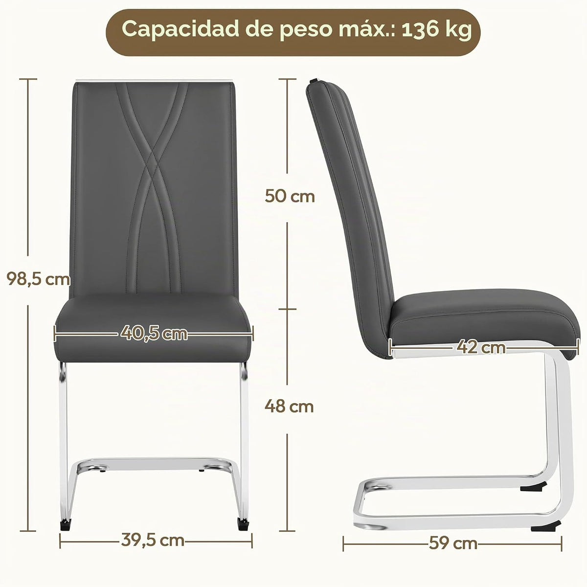 Yaheetech Lot de 2 chaises de salle à manger - Gris foncé - Simili cuir - 136 kg - Dossier ergonomique - Piètement en U en métal
