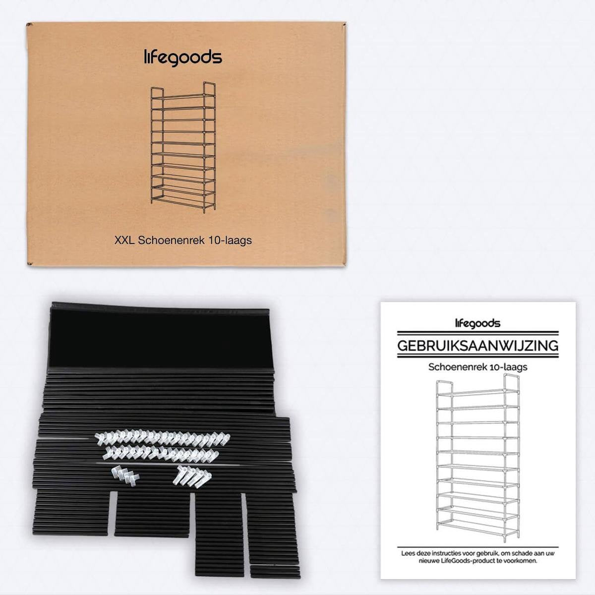 LifeGoods Shoe Rack - XXL - 10 couches - 35 à 40 paires de chaussures - Armoire à chaussures - Plastique - Noir