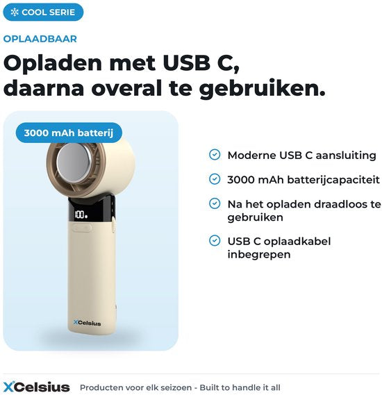 Ventilateur portable XCelsius® - Mini-ventilateur pliable - Rechargeable via USB-C - Réglage continu de 0 % à 100 % - Avec plaque de refroidissement instantanée - Beige/Crème