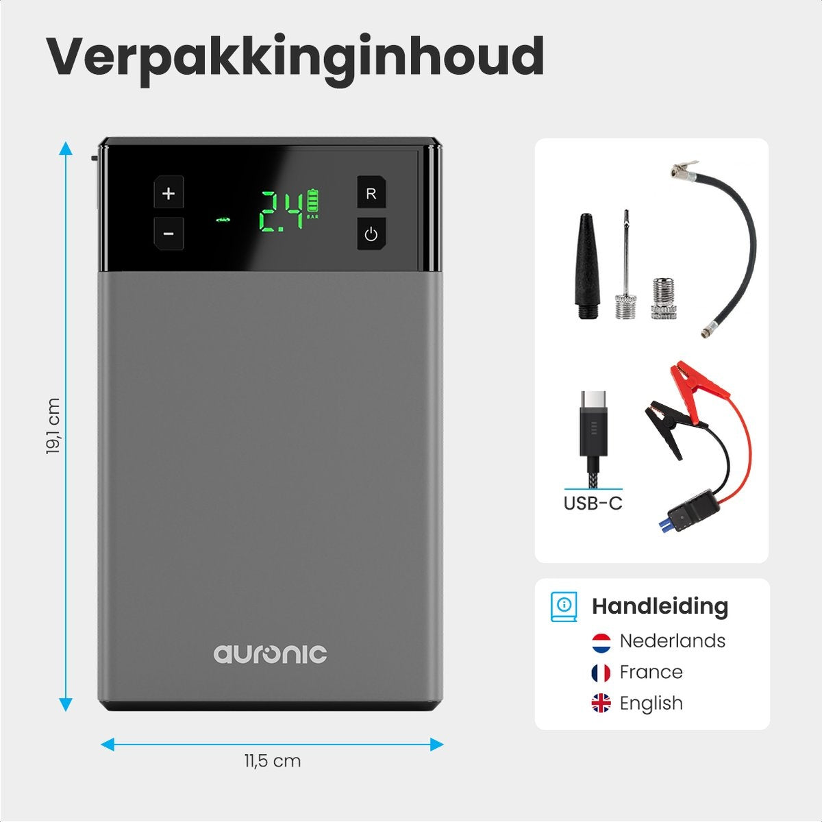 Auronic Jumpstarter - avec compresseur - 12V - 1200A - 12,000 mAh - Aide au démarrage 6-en-1 - Sac de rangement et accessoires inclus - Noir/Gris
