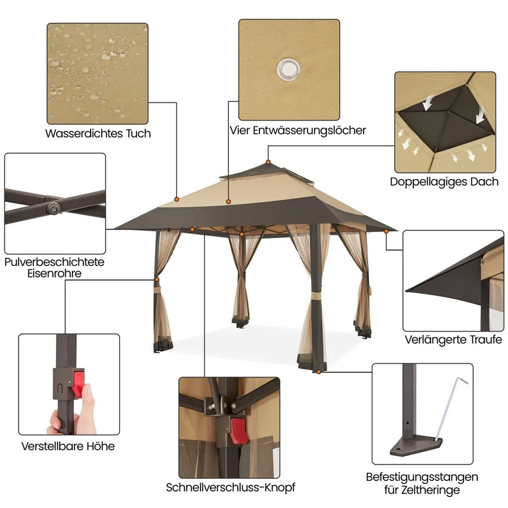 Yaheetech Party Tent - 4 x 4 m - pliable - pavillon de jardin - parois en filet - réglable - 271-291 cm - kaki/brun