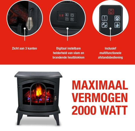 Alpina Electric Vicenza - Cheminée d'ambiance - Télécommande et minuterie - Flammes LED - 2000W - Noir - Avec chauffage