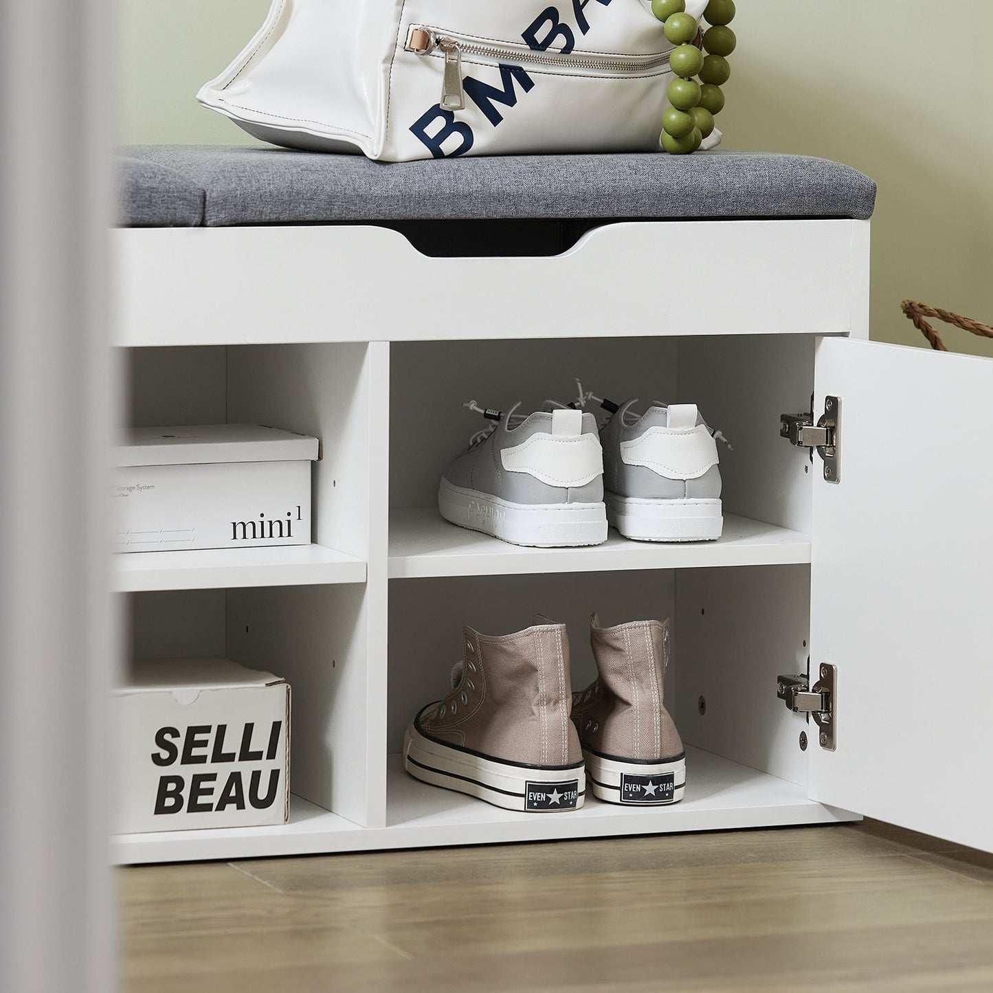Banc SoBuy, Banc à chaussures avec 2 armoires, 100 x 34 x 48 cm, Blanc/ Gris