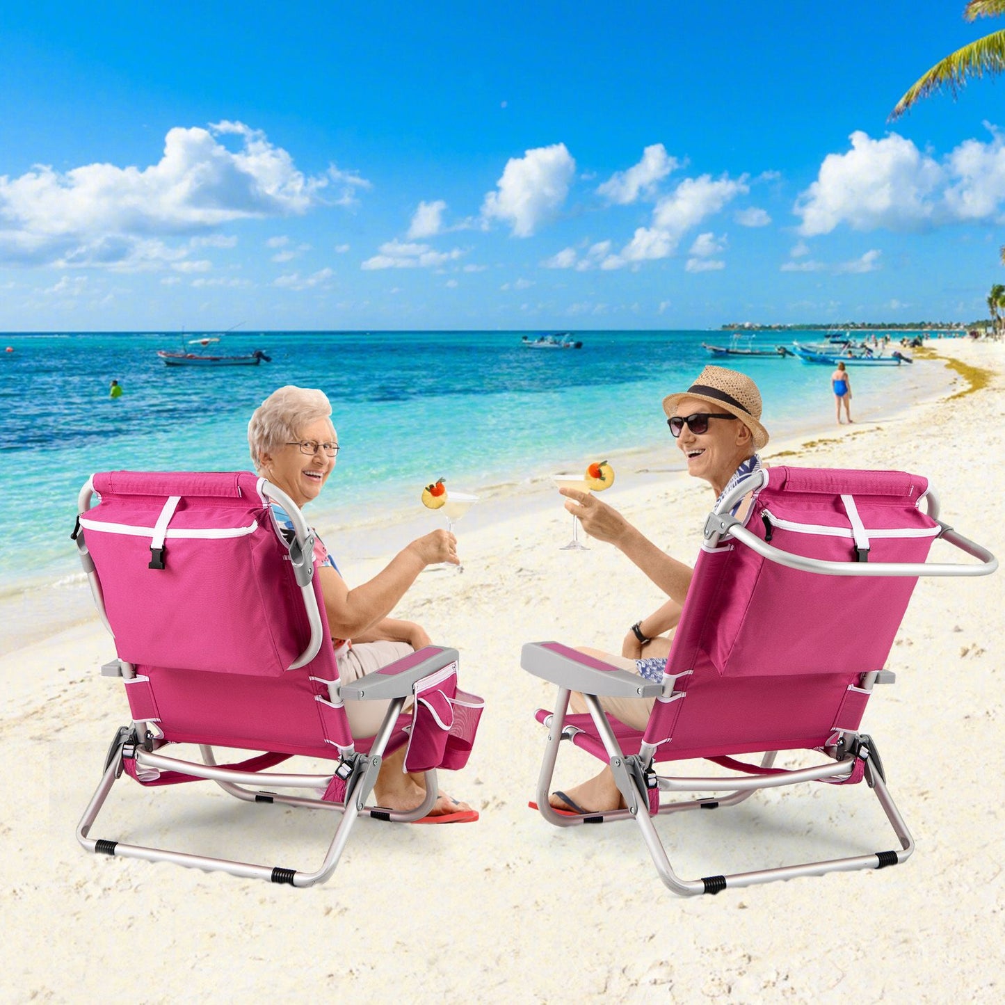 Coast Beach Chair Chaise longue pliable à dossier réglable en 5 positions avec porte-gobelet et compartiments de rangement Rose 66x65x78 cm - 2 pièces