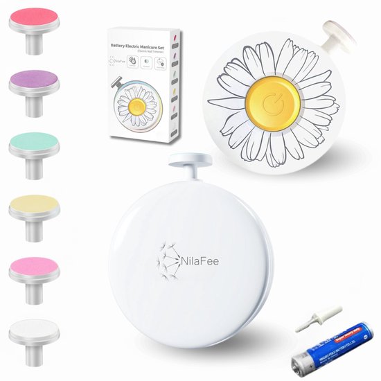 NilaFee® - Lime à ongles électrique pour bébés - Pile incluse - 7 limes - Kit de manucure - Kit de soins - Ciseaux à ongles - Marguerite
