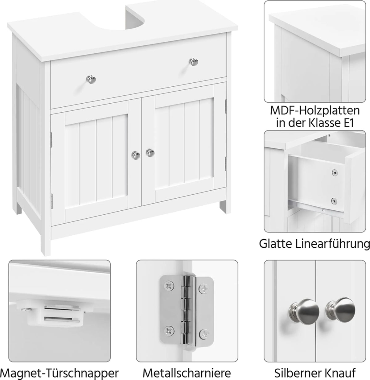 Meuble de salle de bains avec tiroir et 2 portes, style rustique, blanc, 60 × 30 × 60 cm