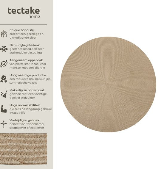 tectake® Tapis tressé - Style Boho - Tapis en jute pour l'intérieur et l'extérieur - Durable et facile d'entretien - Maintien des formes et respectueux des allergies - Tapis rond - Ø160 cm