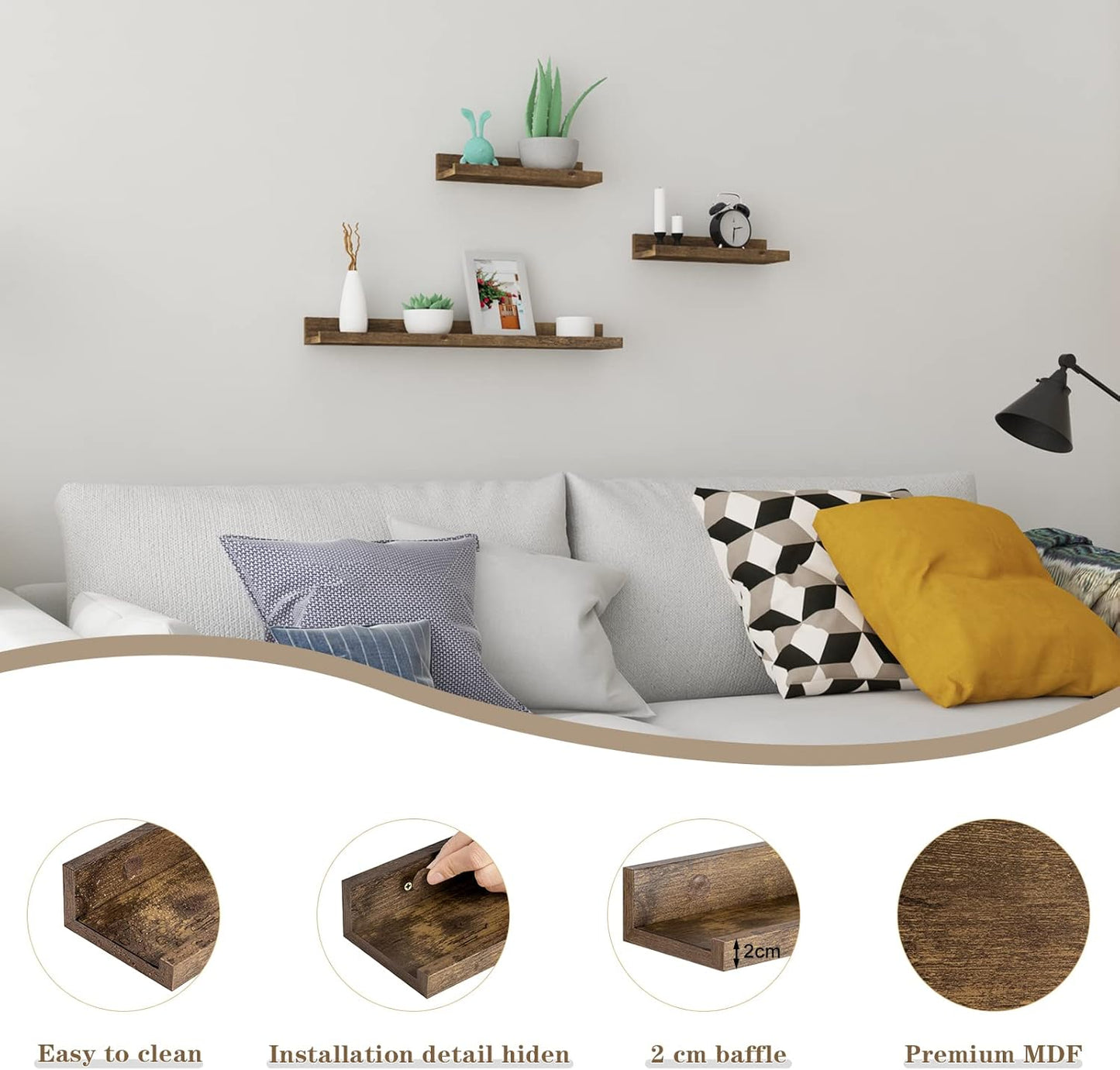 Woltu RG9491HOV Etagères murales Lot de 3 - 60 x 10 x 5 cm - Vintage Brown - Etagères flottantes pour photos avec bord surélevé