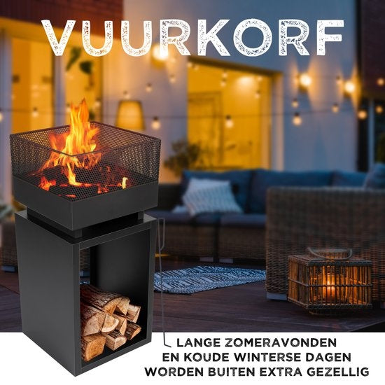 BBQ Collection Panier à feu avec pare-étincelles - Cheminée de jardin 39 x 39 x 85 cm - Cheminée d'extérieur avec piquet et rangement pour le bois de chauffage - Poêle à bois pour le jardin et la terrasse - Poêle à bois d'extérieur - Acier au carbone
