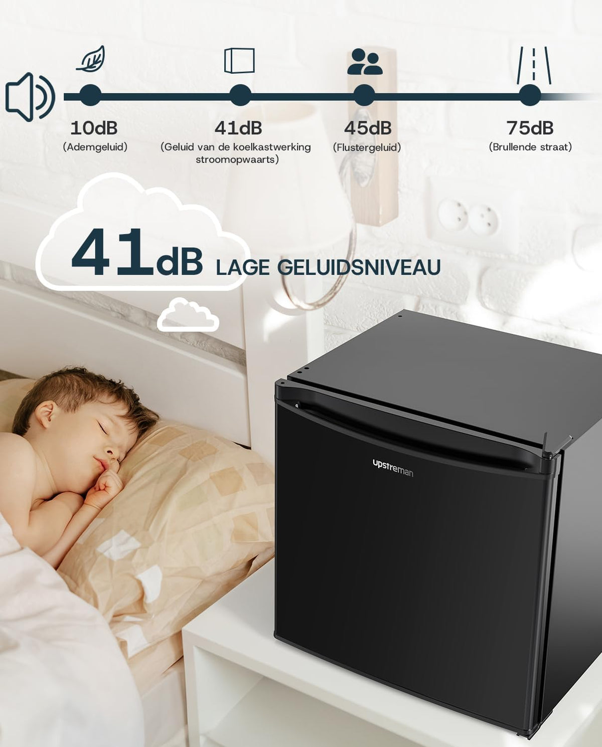 Mini-réfrigérateur Upstreman avec compartiment congélateur FR17 – 46 litres – Silencieux (41 dB) – Noir – Métal