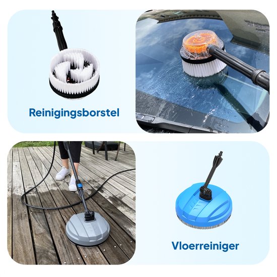 Nettoyeur haute pression Lugia - 135 bars - 1 600 W - 430 L/h - Pack comprenant un nettoyeur de terrasse, une brosse rotative et une buse turbo