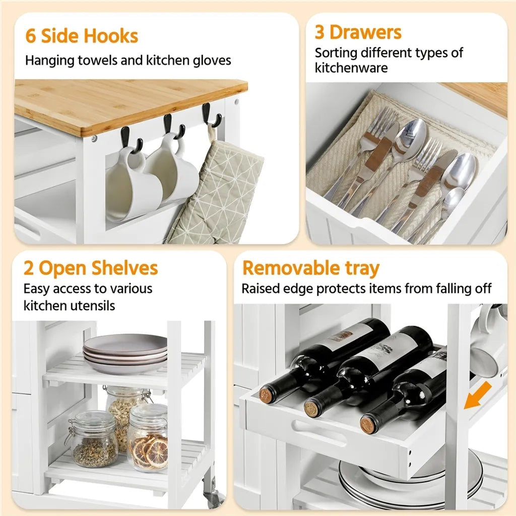 Chariot de cuisine Yaheetech sur roulettes – Blanc/Bambou – 67 x 37 x 84,5 cm – Avec 3 tiroirs et 3 étagères