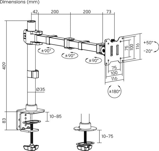 VDD - Bras de support d'écran - Bras de support d'écran pour 1 écran - Bras de support d'écran 49 pouces - Bras de support d'écran ultra-résistant - max. 20 kg - max. 49 pouces - 1 écran